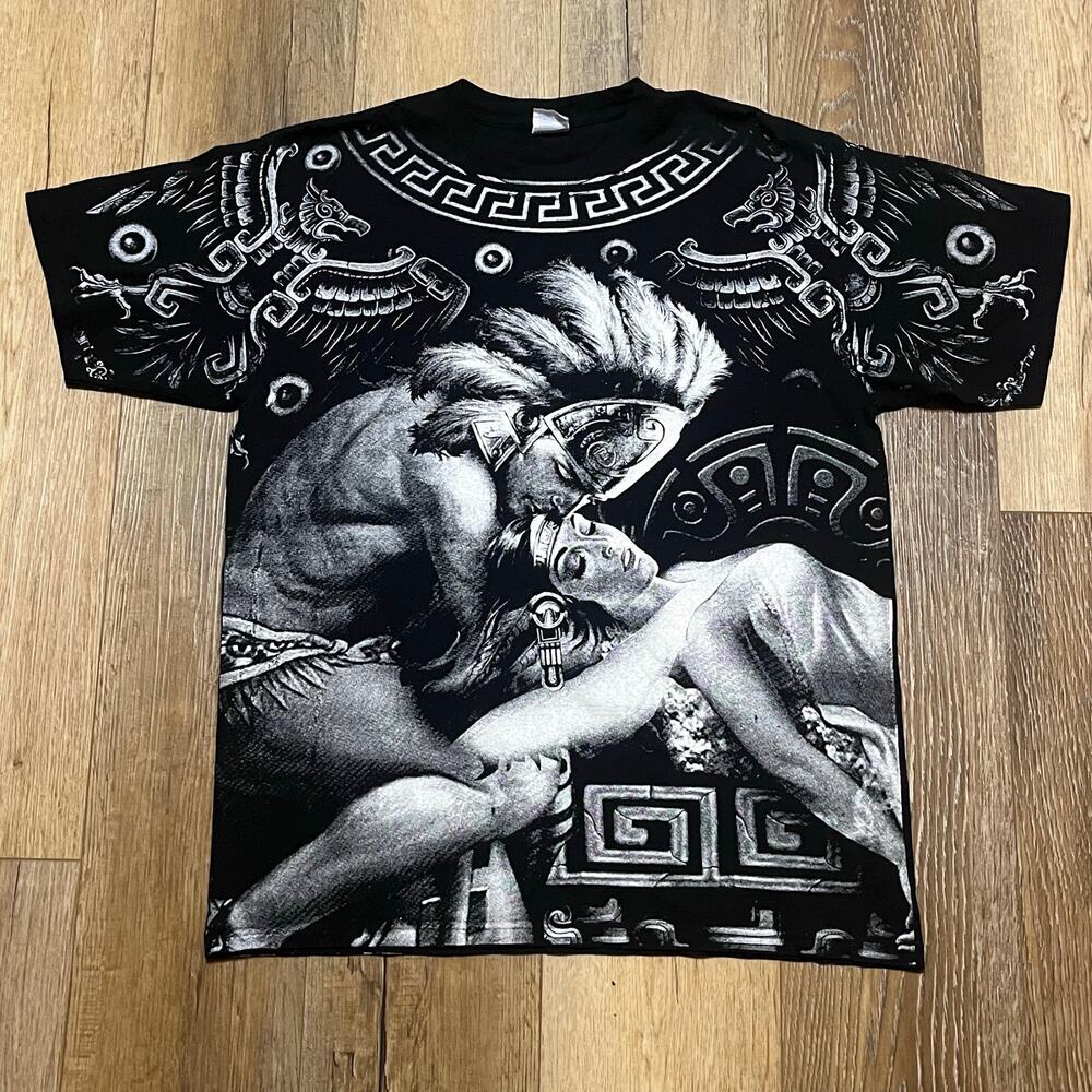 Vtg Aztec Warrior All Over Print Graphic Tee L Yazbek Black White Mayan Y2K Art